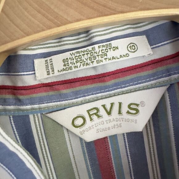 Orvis Top Womens size 10 Button Down No Wrinkle Stripe Multicolor Logo Unisex - Picture 3 of 5